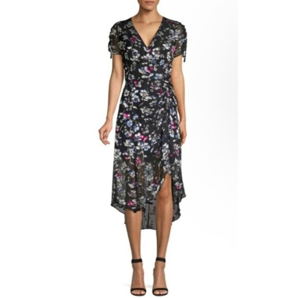 Fairy Grunge Dress Size 8 Dark Floral Asymmetrical Hem Midi Feminine Flowy Silk - Picture 2 of 13